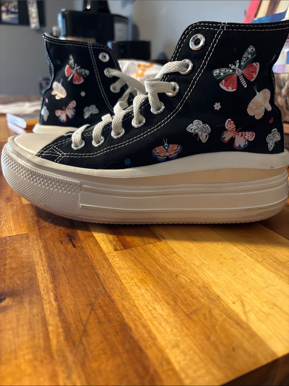 Converse Black High-Top Platform Sneakers with Multicolor Butterfly Print